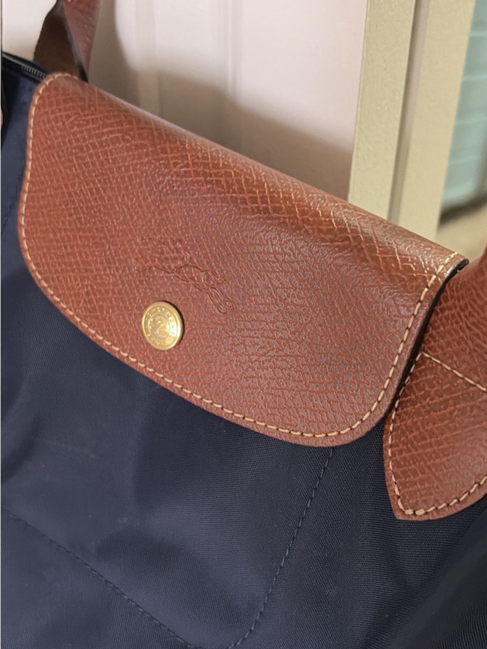 Longchamp Navy Blue and Brown Leather Bag